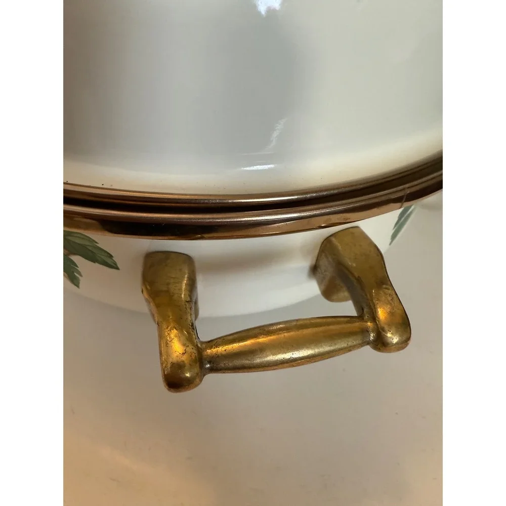 Vintage Fruit Motif Enamelware Roasting Pan with Lid and Rack Brass Handles - Picture 3 of 12